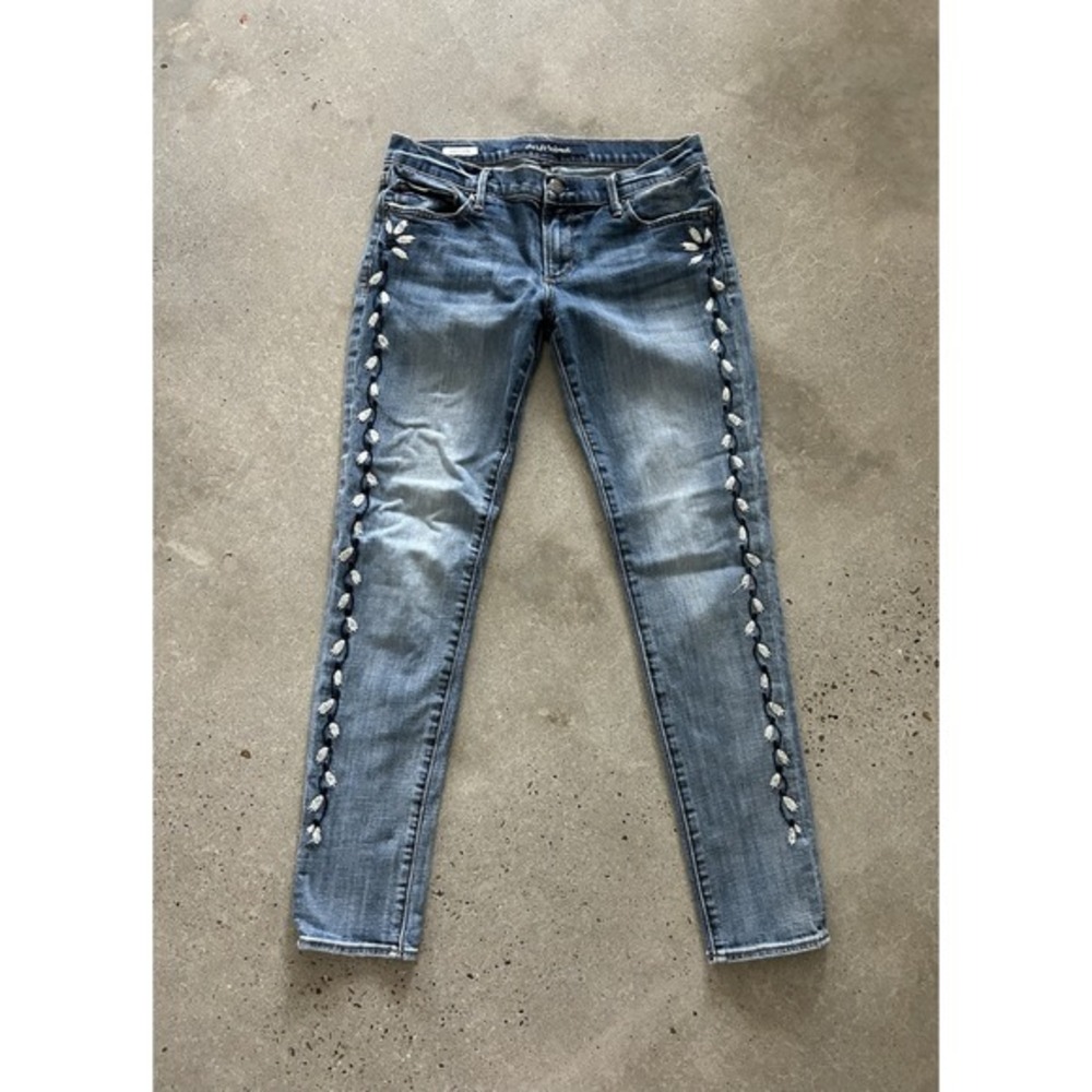 Driftwood Embroidered Marilyn Jeans Size 27 Floral Stretch Denim‎ Blue White GUC